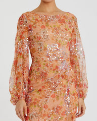 Orange Floral Print Sequined Puff Sleeve Gown