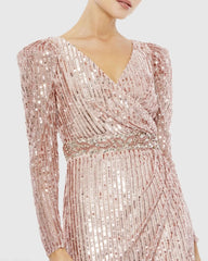 Pink Sequin Puff Sleeve Surplice Gown