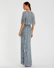 Blue Sequined V Neck Cape Sleeve Gown
