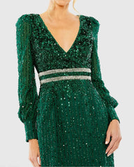 Green Sequined V Neck Bishop Sleeve Dress