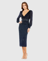Navy Sequined V Neck Bishop Sleeve Dress