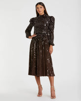 Brown Long Sleeve Sequin Tea Length Dress