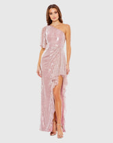 Pink Sequined Flutter Sleeve One Shoulder Draped Gown