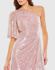 Pink Sequined Flutter Sleeve One Shoulder Draped Gown