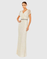 White Beaded Short Sleeve Column Gown