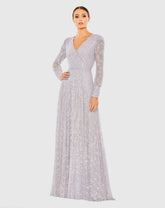 Purple Beaded Lace Long Sleeve Wrap Over Gown - FINAL SALE