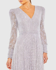 Purple Beaded Lace Long Sleeve Wrap Over Gown - FINAL SALE