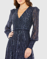 Navy Beaded Lace Long Sleeve Wrap Over Gown