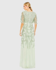 Green Sequined Butterfly Sleeve High Low Gown