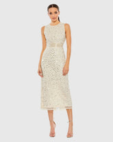 Beige Geometric Embellished Sleeveless Sheath Dress