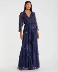 Navy Beaded Striping Kimono Sleeve V Neck Gown