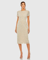 Beige High Neck Short Sleeve Embellished Midi Sheath Dress