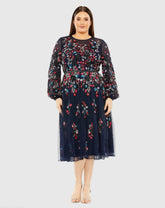 Navy Long Sleeve Beaded Cocktail Dress