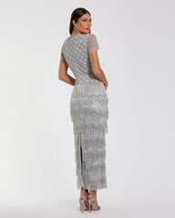 Blue Fringe Embellished Mesh Ankle Length Dress