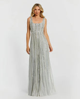 Green Scoop Neck A-Line Gown With Striped Beading