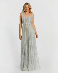 Green Scoop Neck A-Line Gown With Striped Beading