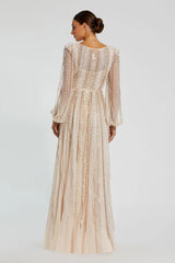 Pink Boat Neck Long Sleeve Gown With Striped Beading