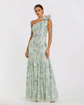 Green Embellished One Shoulder Trumpet Gown with Flower