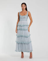 Blue Embellished Net Tiered Ruffle Scoop Neck Dress