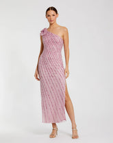 Pink One Shoulder Beaded Mesh Dress With Flower