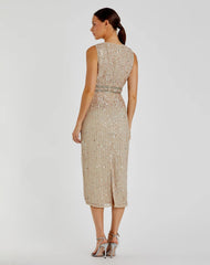 Nude Sleeveless High Neck Beaded Midi Sheath Dress