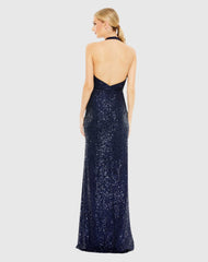 Navy Sequined Halter Strap Plunge Neck Gown