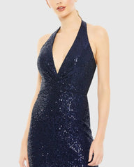 Navy Sequined Halter Strap Plunge Neck Gown