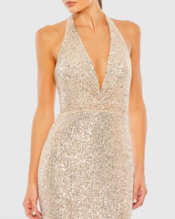 Gold Sequined Halter Strap Plunge Neck Gown