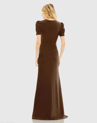 Brown Plunge Neck Puff Sleeve Cut Out Gown
