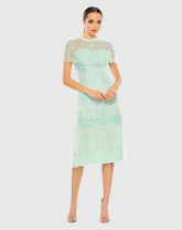 Green Embroidered Ruffled Cap Sleeve Midi Dress