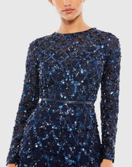Navy Embellished Illusion High Neck Long Sleeve A Line Gown