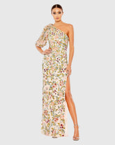 Beige One Shoulder Floral Embellished Gown