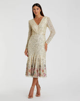 Gold Multicolor Faux Wrap Long Sleeve Tea Length Dress