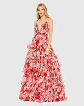 Red Pleated Chiffon Cut Out Ballgown