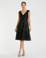 Black Sequined V Neck Cap Sleeve Dress