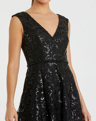 Black Sequined V Neck Cap Sleeve Dress