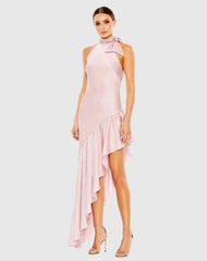 Pink Halter Neck Ruffled Asymmetrical Dress