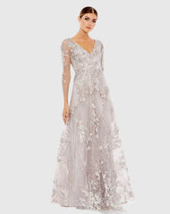 Purple Embroidered Illusion Long Sleeve A Line Gown