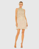 Beige High Neck Sleeveless Sequin Embellished Trapeze Dress