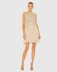 High Neck Sleeveless Sequin Embellished Trapeze Dress