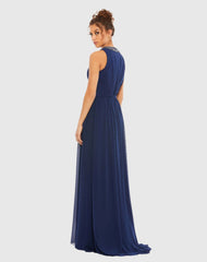 Navy Bejeweled Neckline Pleated Chiffon Gown