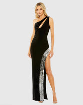 Black One Shoulder Cut Out Mirror Sequin High Slit Gown