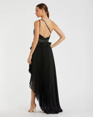 Black Pleated One Shoulder Asymmetrical Ruffle Hem Gown