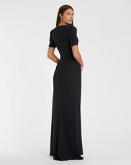 Black Plunge Neck Puff Sleeve Cut Out Gown
