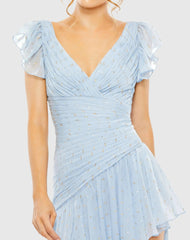 Blue Asymmetrical Ruched Gown With Flutter Sleeves