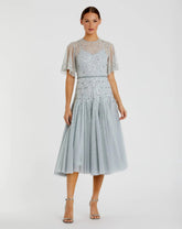 Blue Cape Sleeve Beaded Tea Length A-line Dress