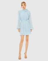 Blue Draped High Neck Long Sleeve Mini Dress
