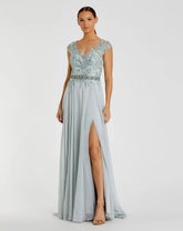 Blue Embellished Cap Sleeve Bodice Flowy Gown