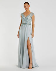 Blue Embellished Cap Sleeve Bodice Flowy Gown
