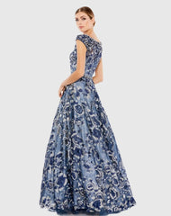 Blue Embellished Cap Sleeve High Neck Ballgown